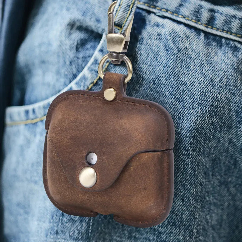 Brown genuine leather AirPods Pro case with vintage clamshell design and crazy horse pattern texture