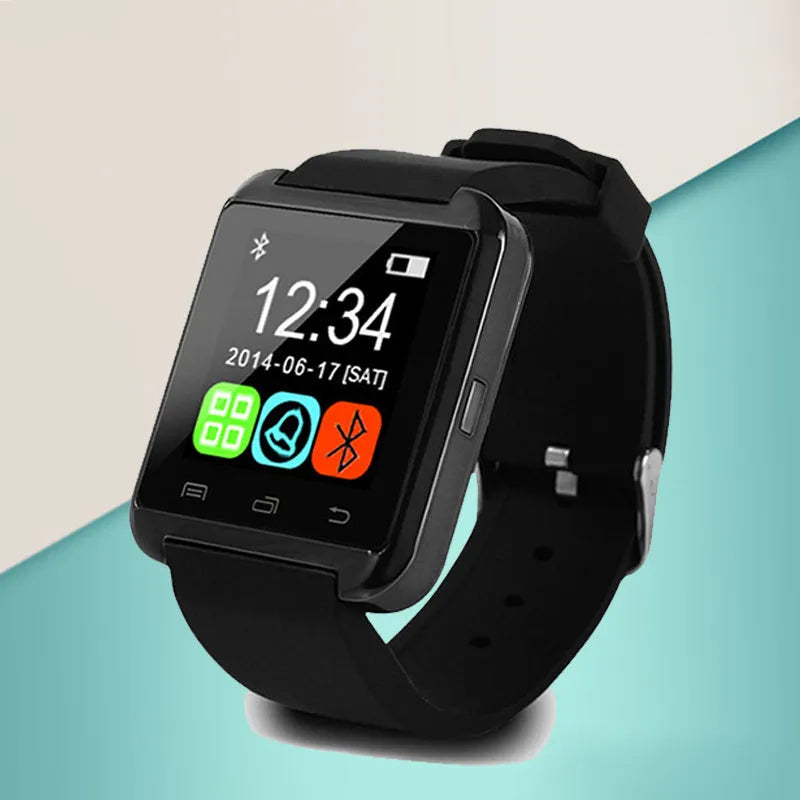 U8 Smart Bluetooth Watch in Black, Red, or White colours on a wrist showing a caller ID display.