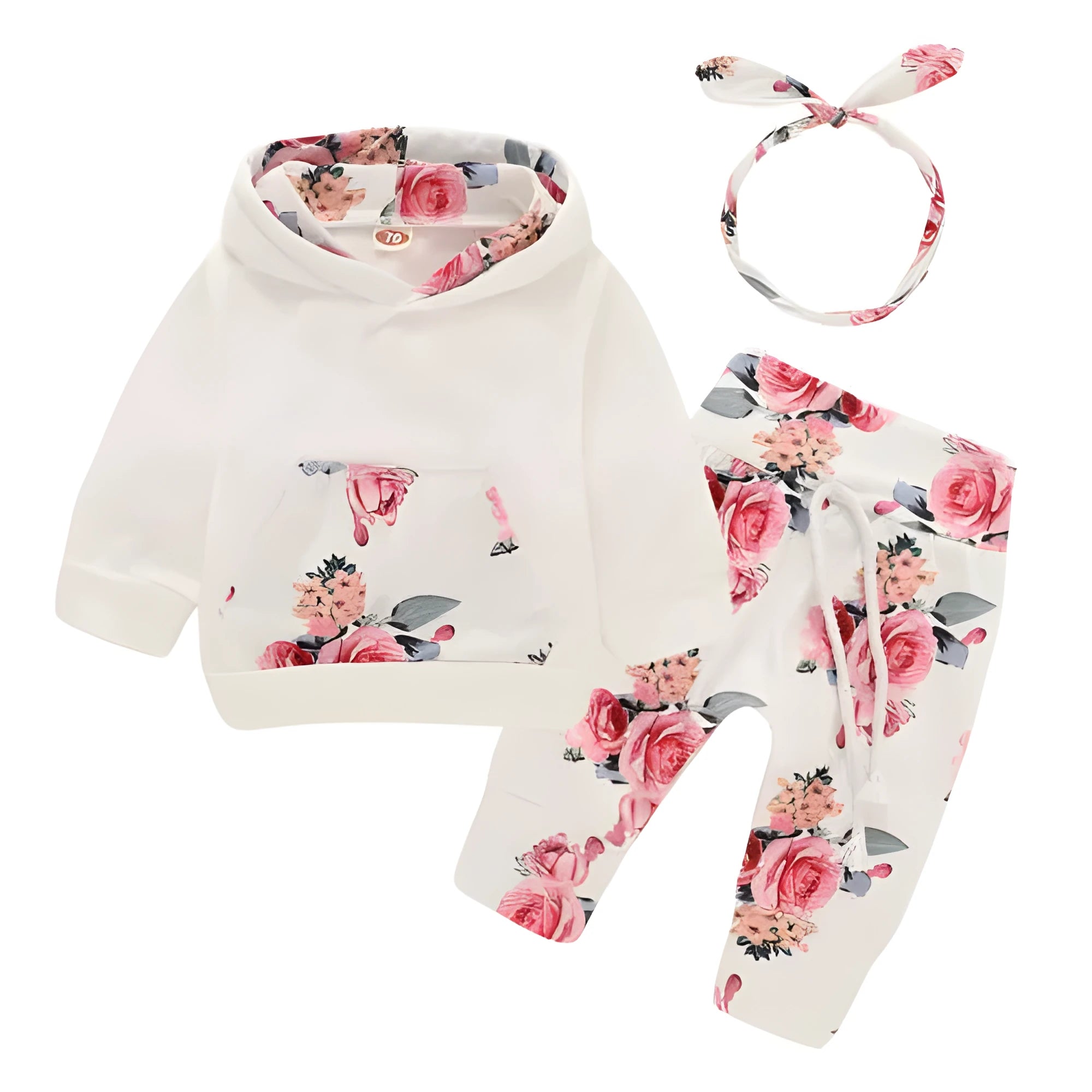 White cotton hooded tracksuit set for a baby girl, showing long sleeves and full-length trousers.