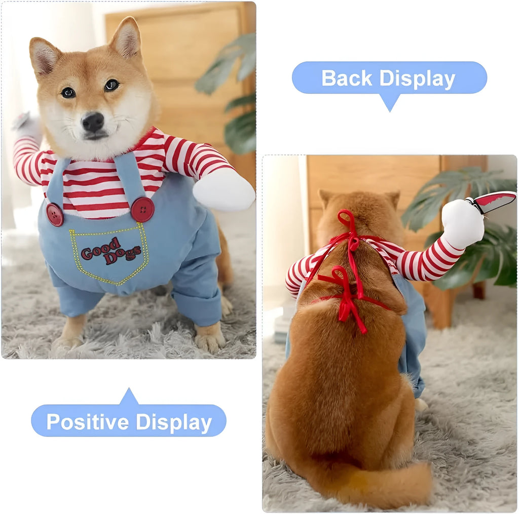 Striped harness Halloween costume for pets with knife accessory in S M L XL sizes