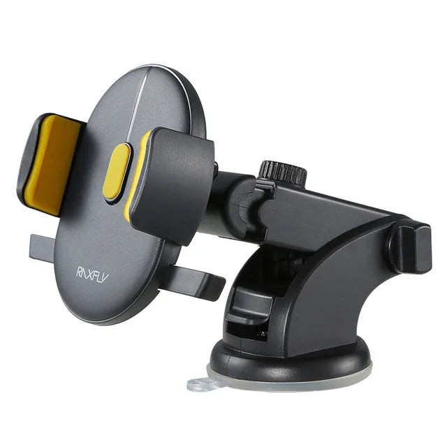 Yellow and black telescopic car phone holder with suction cup mount extended on a dashboard.