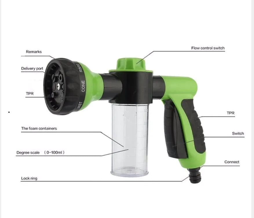 Green high-pressure foam spray gun with adjustable nozzle for car and household cleaning