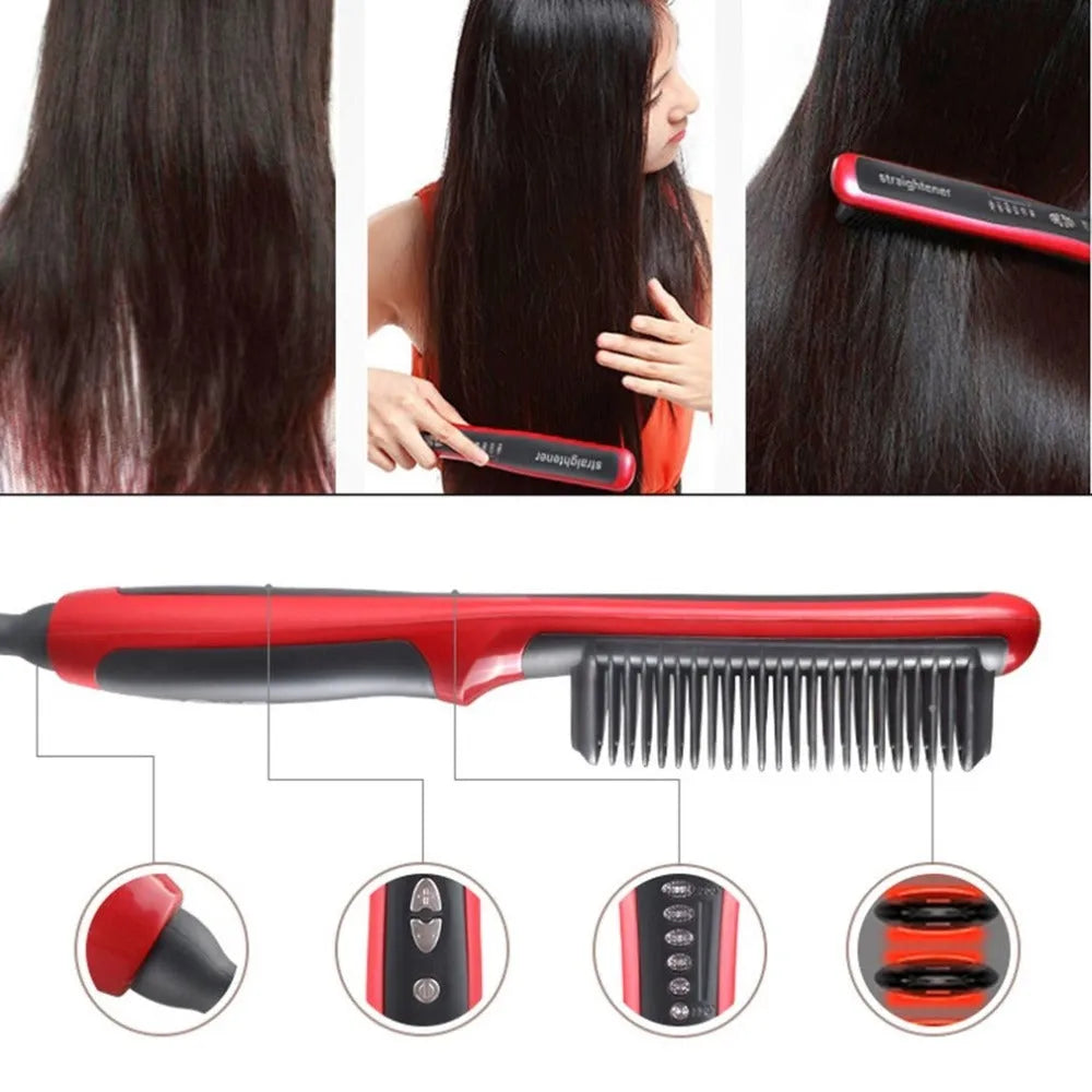 Straight hair comb with ceramic heated brush and ion technology in black and red