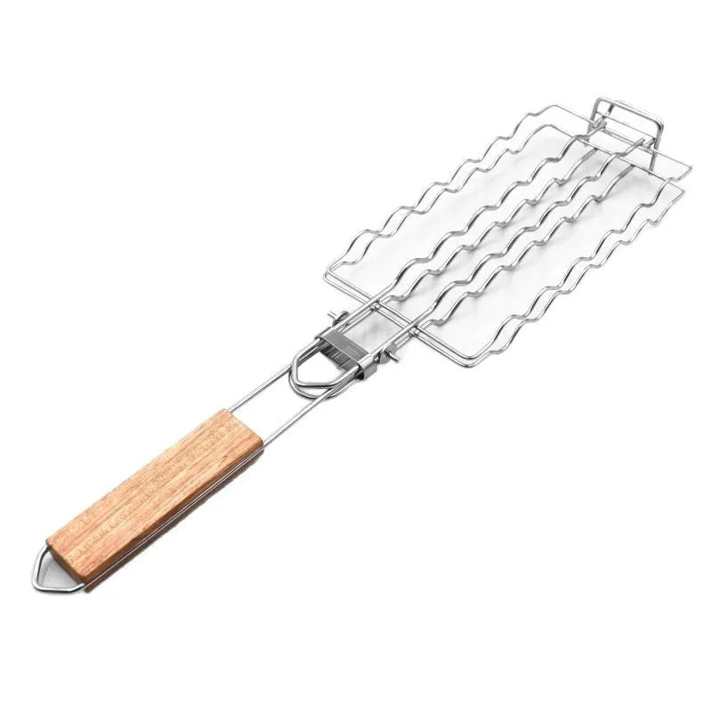 Stainless steel removable folding outdoor barbecue net, square modern style, with black handle, placed over charcoal fire.