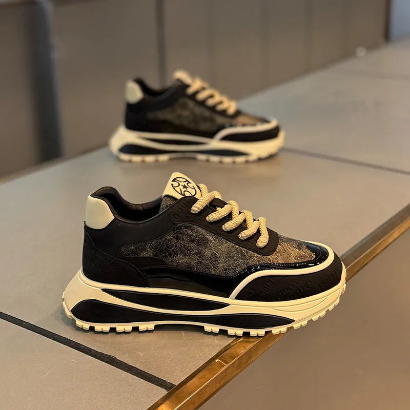 Men's black retro daddy shoes with thick rubber sole and lace-up synthetic leather upper