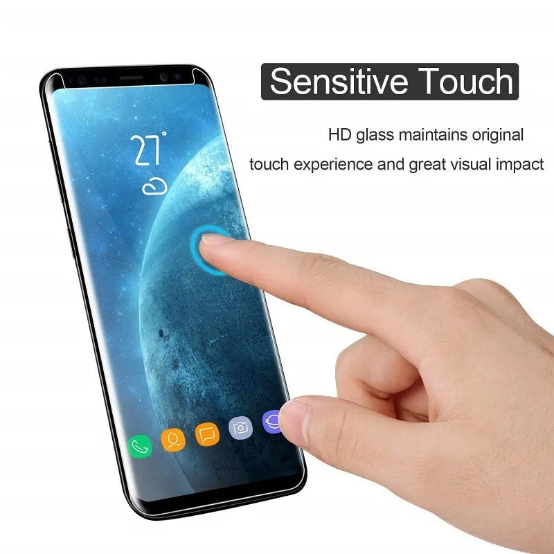 3D tempered glass screen protector for Samsung Galaxy phones shown with black border and transparent edge options.
