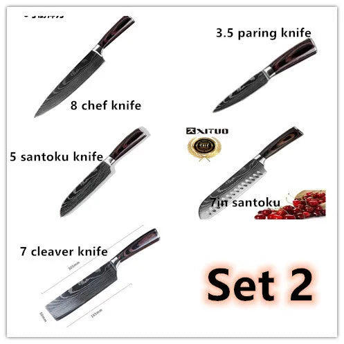 7Cr17 stainless steel kitchen knife with laser Damascus pattern on blade and colour steel handle.