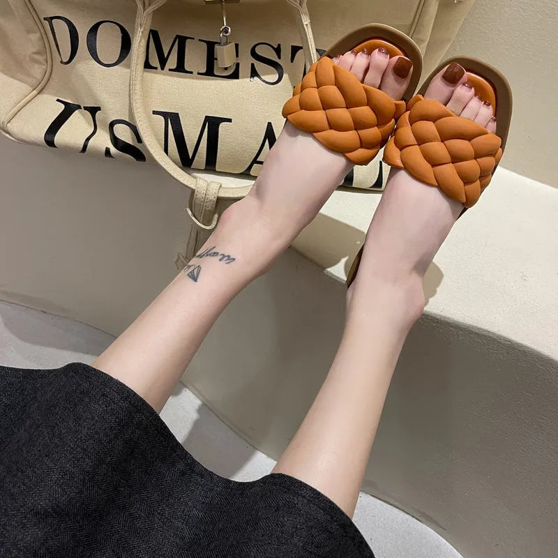 Women's plaid pattern beach sandals with thick PVC sole in white, green, black, or orange.