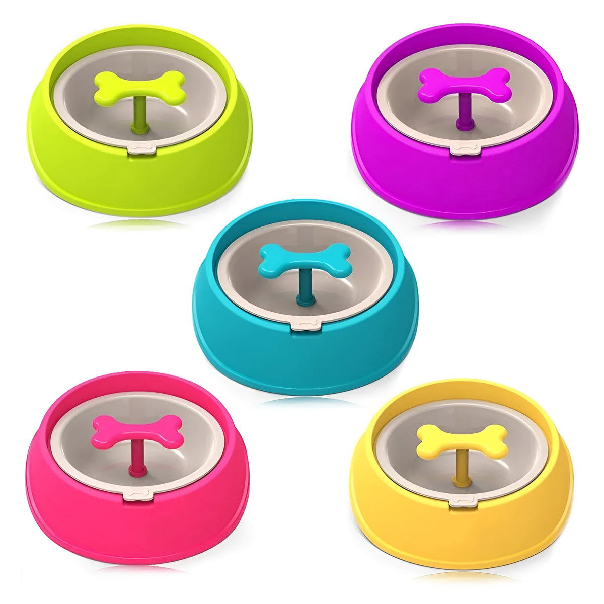 Slow feeder dog bowl anti-choke plastic puzzle bowl for small dogs, 201 x 190 x 69mm, in blue, green, purple, rose red, and yellow