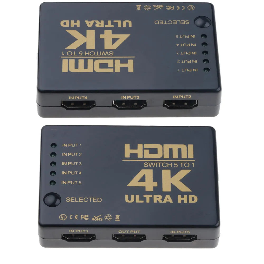 Black 5-in-1 HDMI switcher with remote control suitable for HDTV and high-definition devices