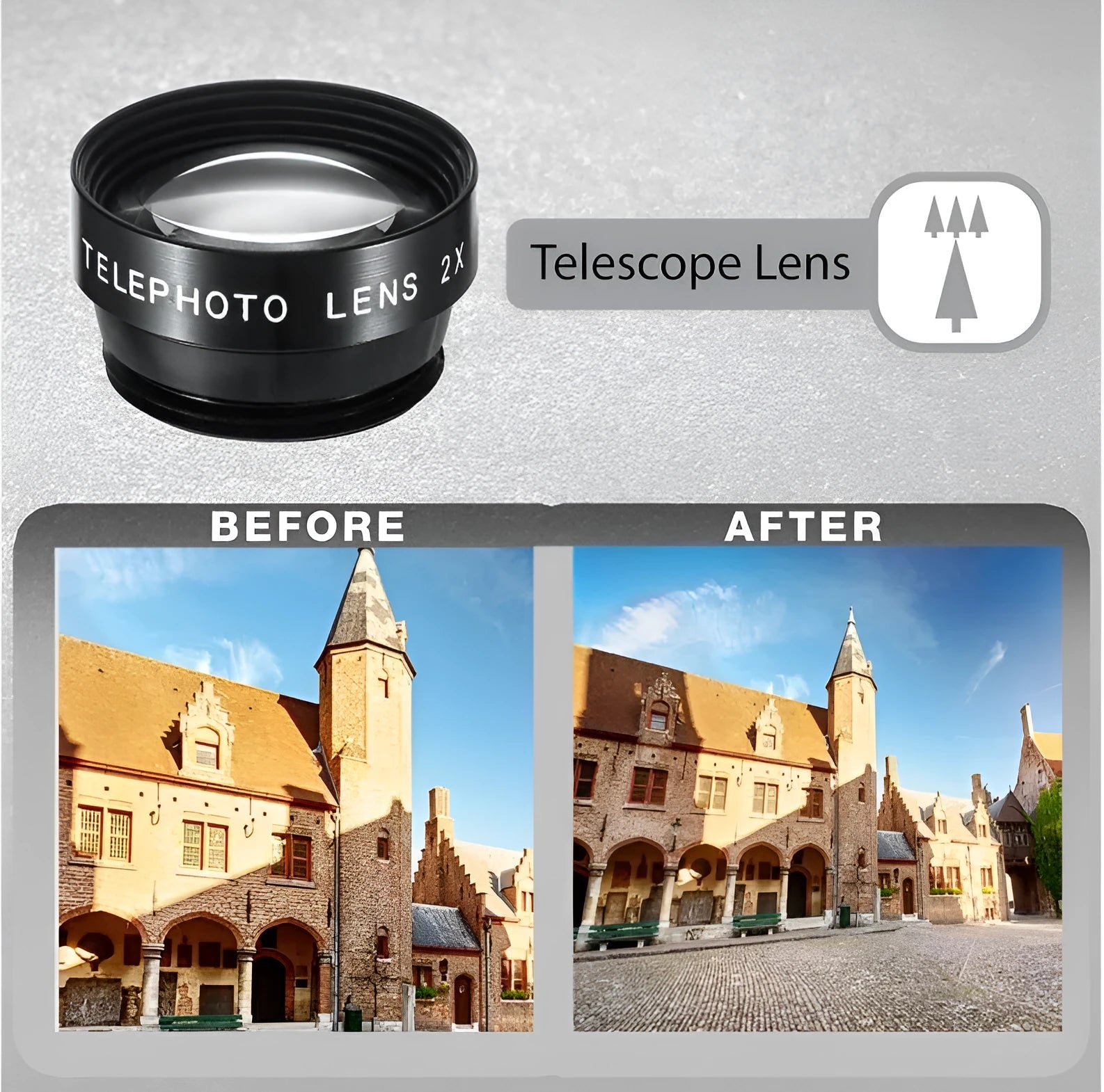 Universal 5-in-1 clip-on smartphone lens kit with wide-angle, macro, fisheye, telephoto, and CPL lenses.