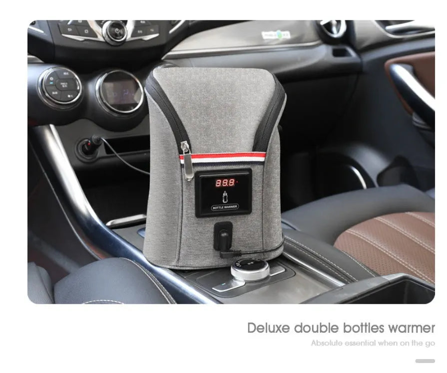 Car USB portable baby bottle warmer with dual bottle capacity and electronic temperature display screen