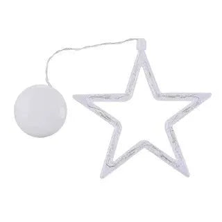 Battery powered LED decorative light with suction cups showing Santa Claus and snowman designs on a window.