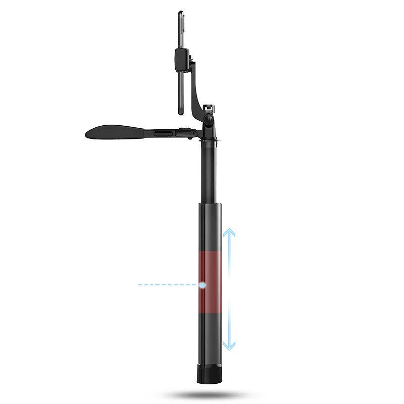 Black aluminium alloy Bluetooth selfie stick tripod extended to show its length, with a mobile phone attached.