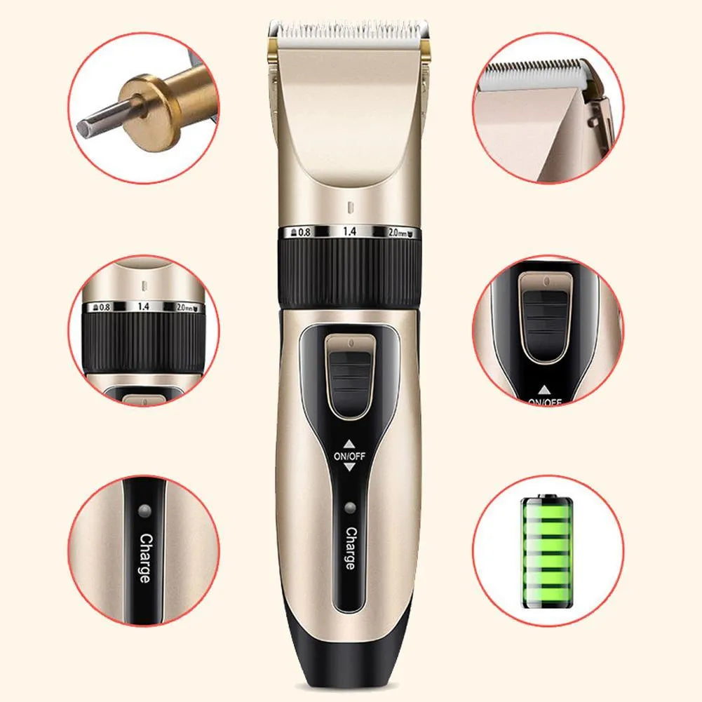 Golden cordless pet grooming clipper, 180mm x 45mm, with ceramic titanium blade, four guide combs and EU plug charger