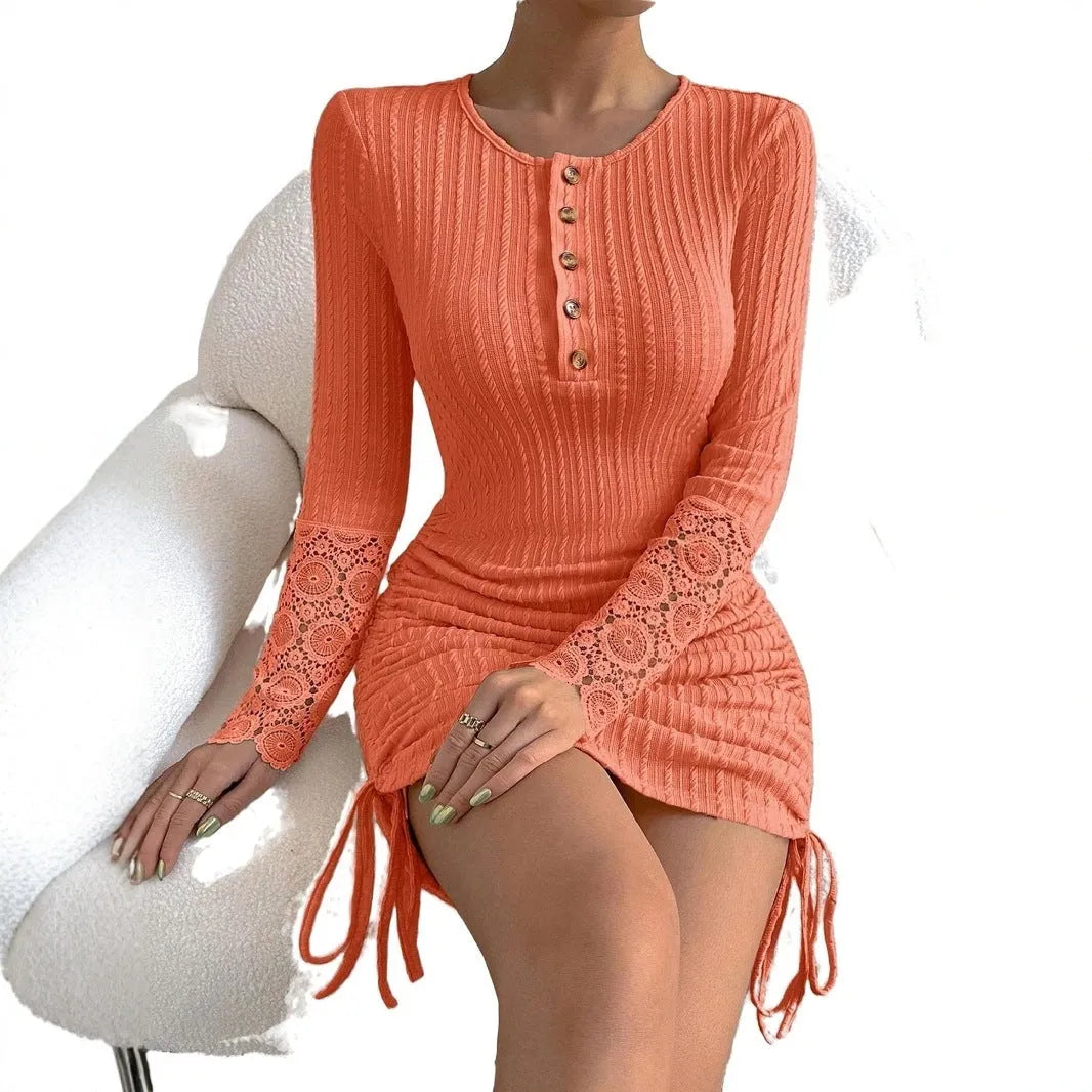 Womens round neck lace long-sleeved dress in coral with hip-skirt silhouette and mid-waist design, size S to XL.