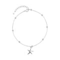 S925 sterling silver starfish charm anklet on a model's ankle, showing 18cm chain and lobster clasp.
