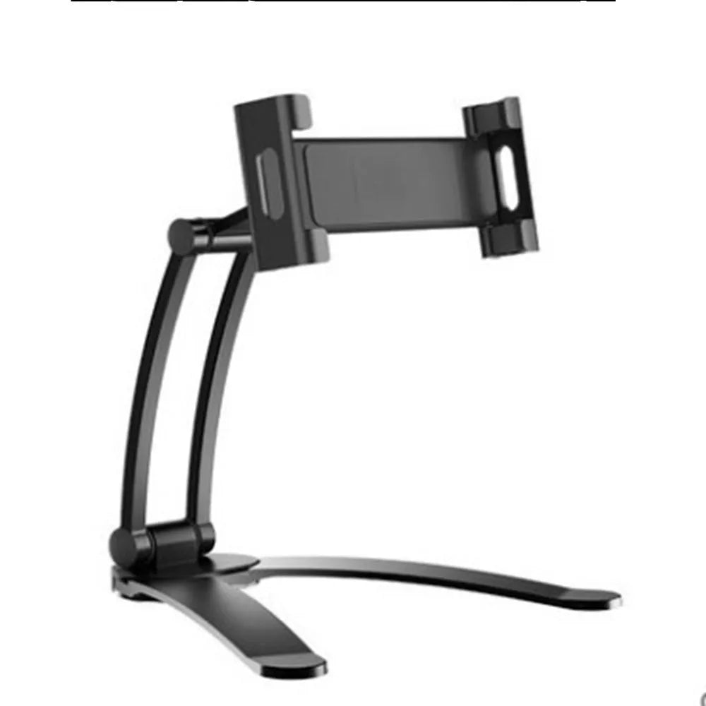 Silver aluminium alloy desktop tablet stand holding a tablet, showing its 360-degree rotation and adjustable chuck mechanism.