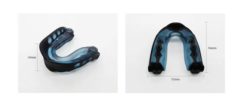 Boxing Sanda mouth guard with silicone double density, transparent lock box, and black colour option on white background