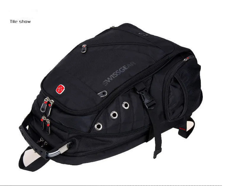 Black polyester travel outdoor backpack with shoulder pad, hard handle and metal element