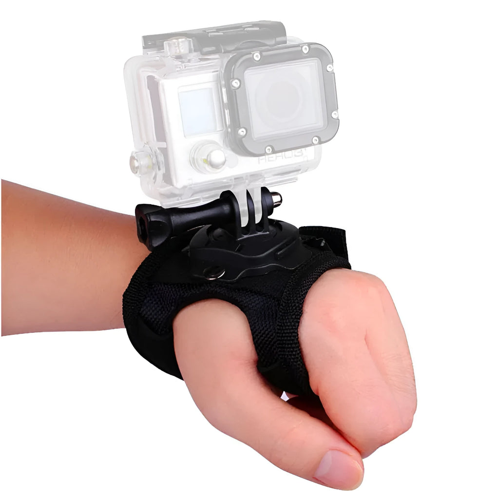 Black GoPro wrist strap with 360-degree rotating camera mount on a palm