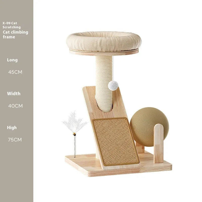 A compact cat climbing frame with sisal rope scratching posts and platforms in a natural jute colour.