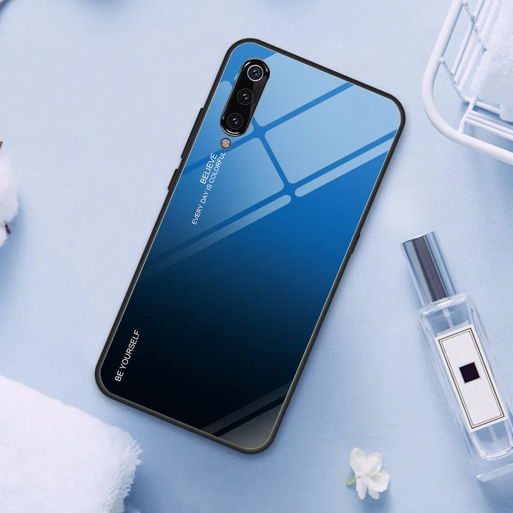Gradient colour phone case for Redmi smartphones with tempered glass back and TPU frame