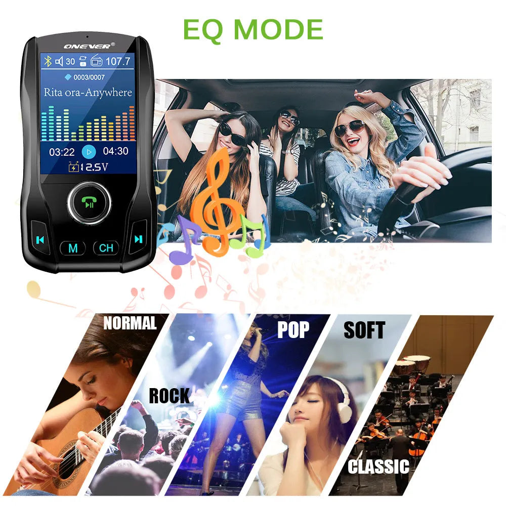 Black car FM transmitter with colour screen and dual USB ports plugged into a car dashboard