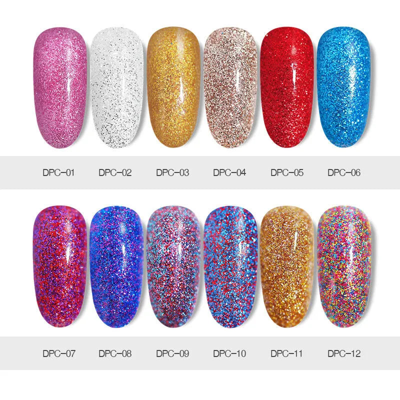 Laser glitter nail powder in a dish with a brush, showing sparkling particles for dip application