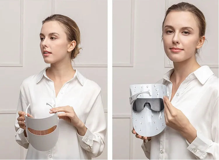Acne beauty mask with LED light therapy in red orange and blue wavelengths lightweight 61g compact design