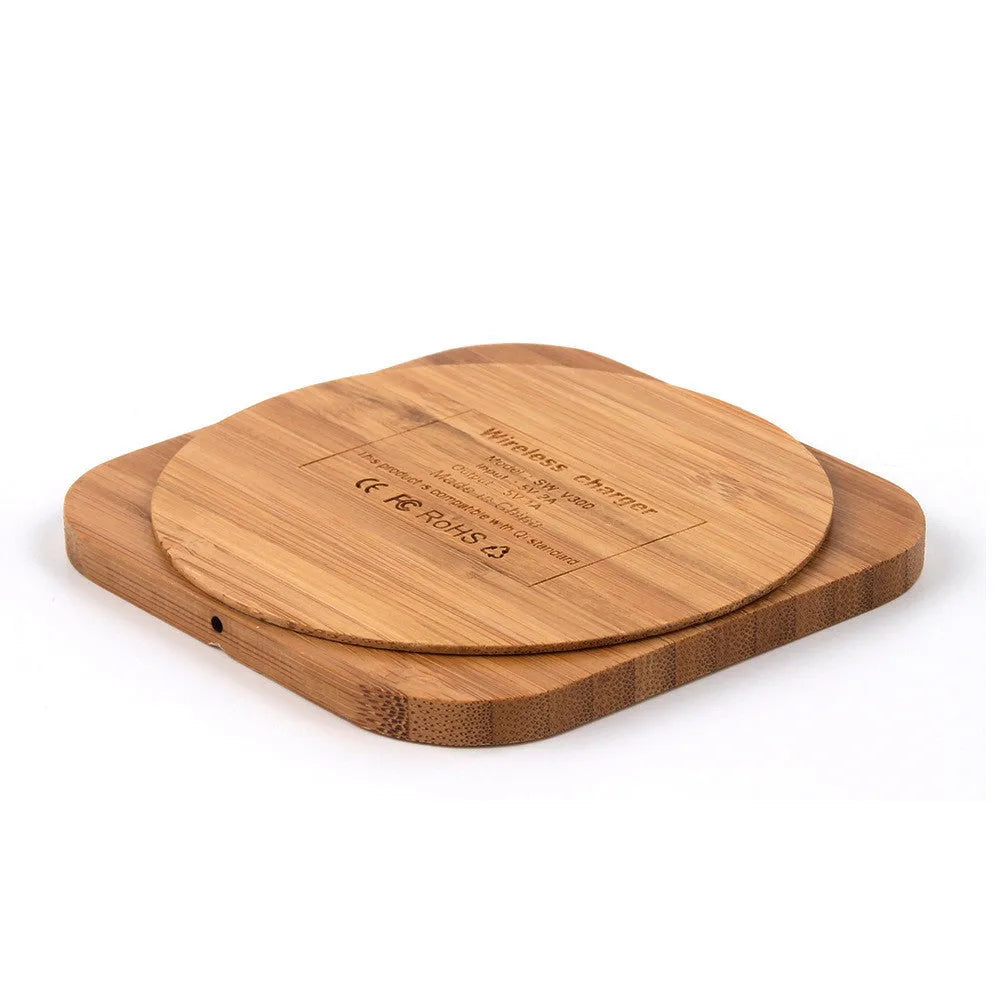 Square wooden bamboo wireless charging pad with brown colour showing dimensions 92mm x 92mm