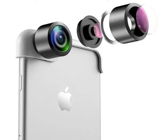 Panoramic camera lens accessory attached to iPhone for 360-degree photography