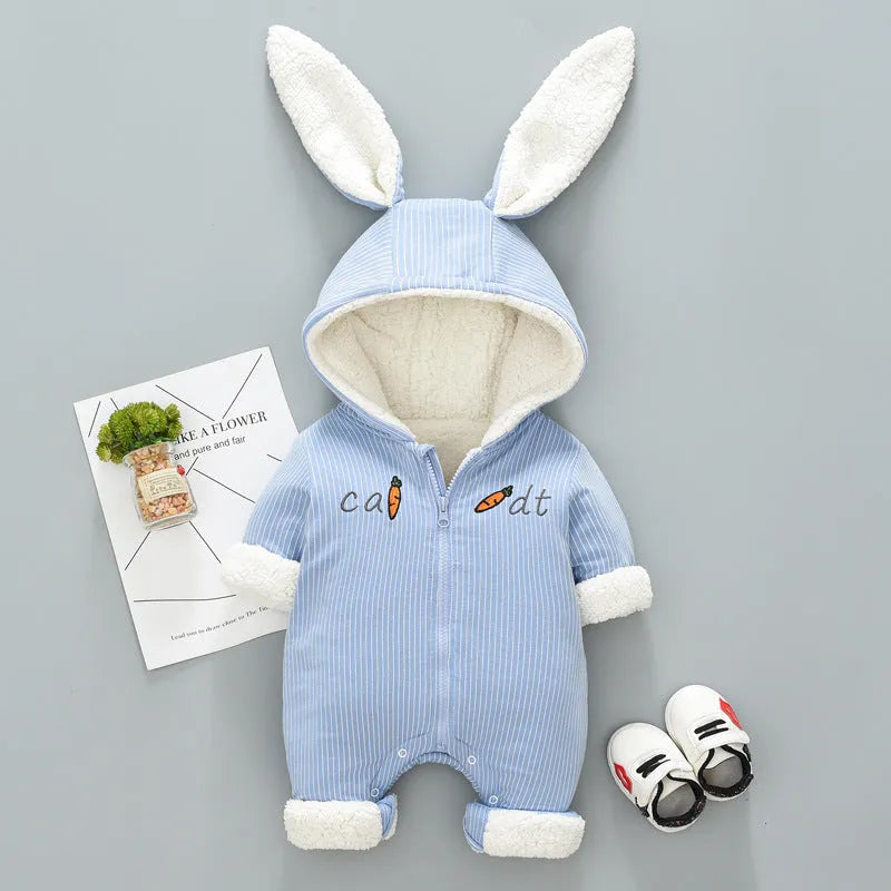 Baby winter jumpsuit with attached hood, long sleeves, messenger closure in light blue cotton for 66-90cm height