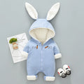 Baby winter jumpsuit with attached hood, long sleeves, messenger closure in light blue cotton for 66-90cm height
