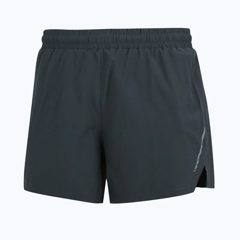 Straight-leg running shorts in grey, shown on a neutral model, highlighting the quick-dry polyester fabric.