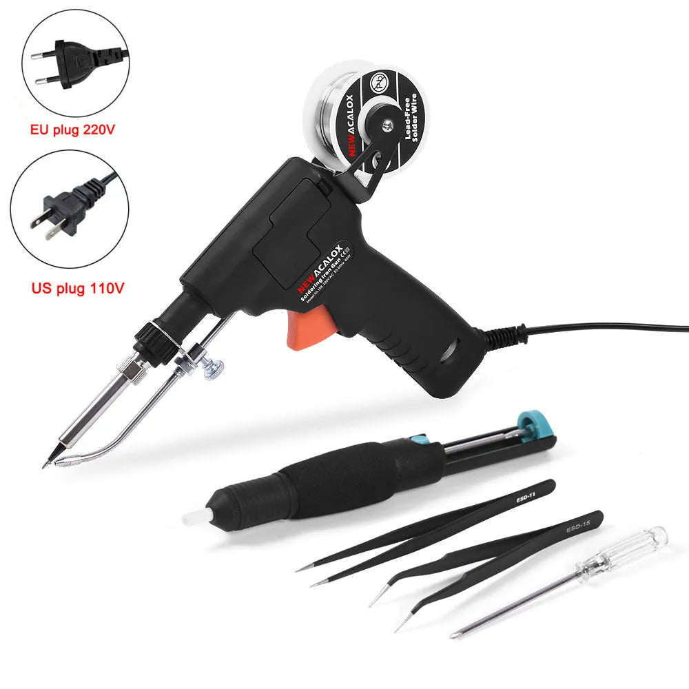 60W manual soldering iron with alloy tip and ABS black handle on a workbench