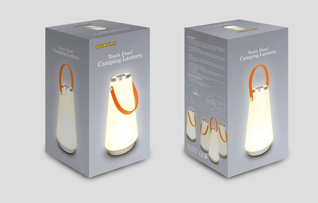 White rechargeable LED night light with touch controls measuring 12x12x22cm