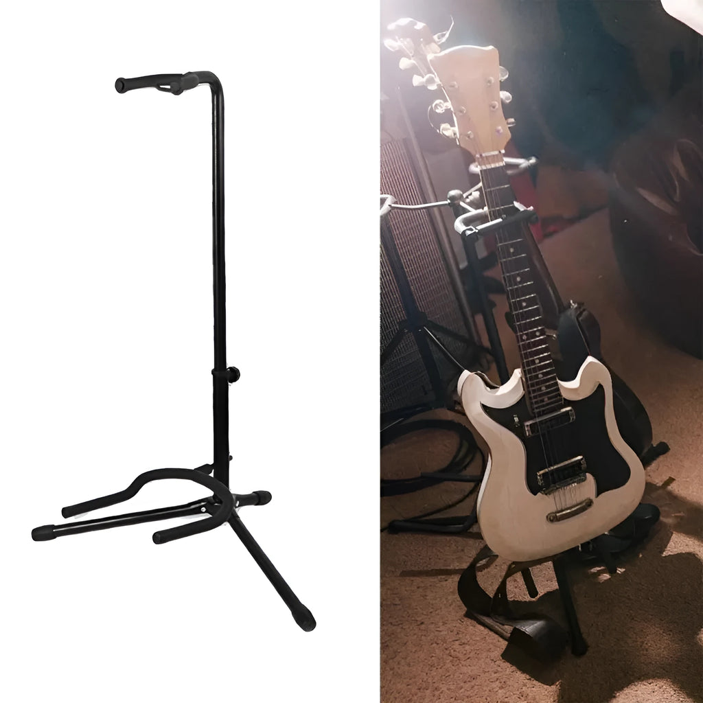 Black foldable guitar stand with rubber protective covers for acoustic and electric instruments