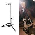 Black foldable guitar stand with rubber protective covers for acoustic and electric instruments