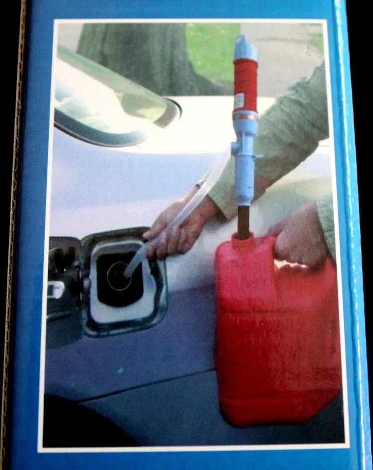 Blue and red manual plastic fuel transfer hand pump with tubing