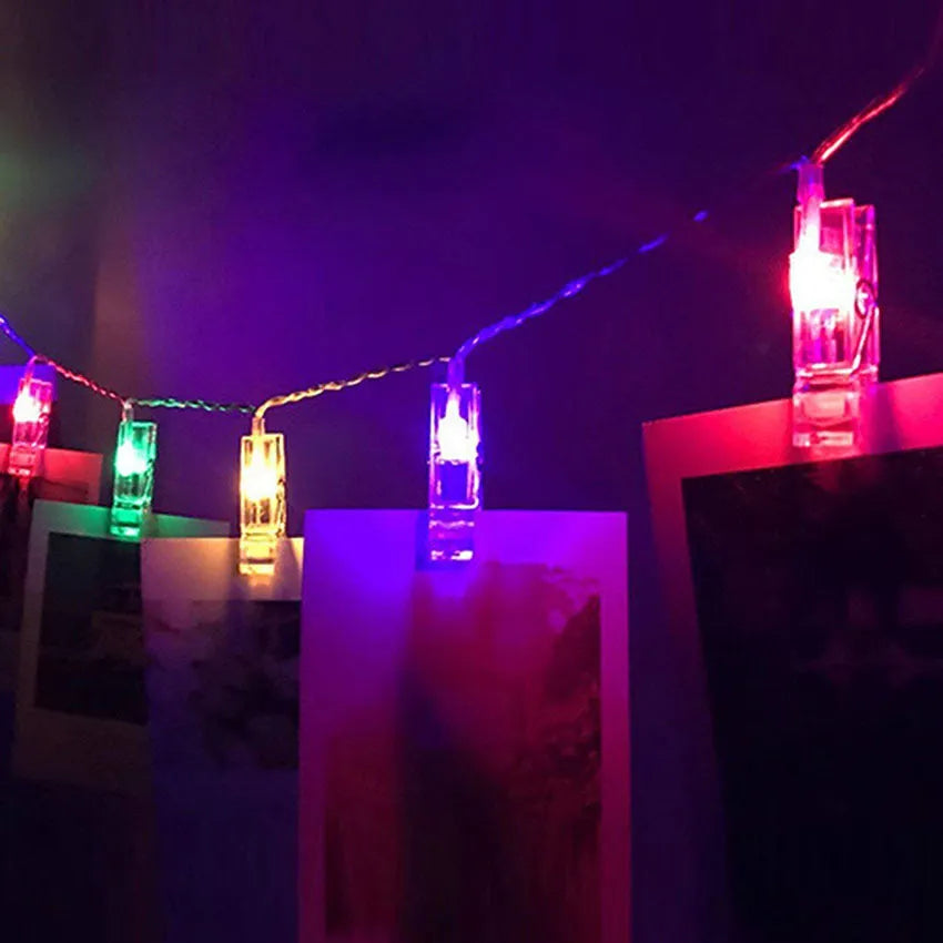 LED photo holder string lights with clips, 160cm/300cm, warm white or colourful bulbs, battery powered