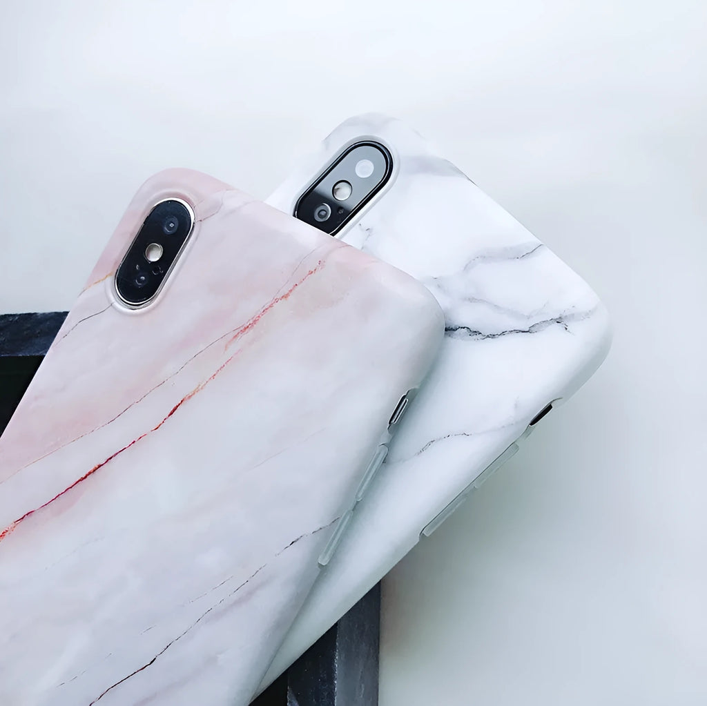 Silicone marble and camouflage phone case for iPhone 6 to XS Max in white crack, black crack, white marble, red, and nude