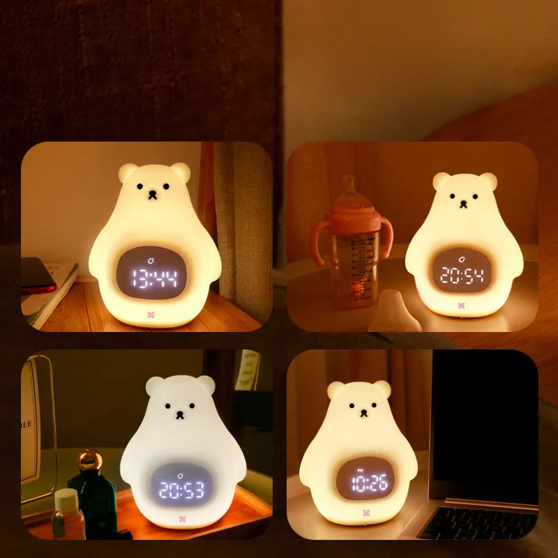 Big White Bear shaped silicone night light with remote control on a wooden bedside table