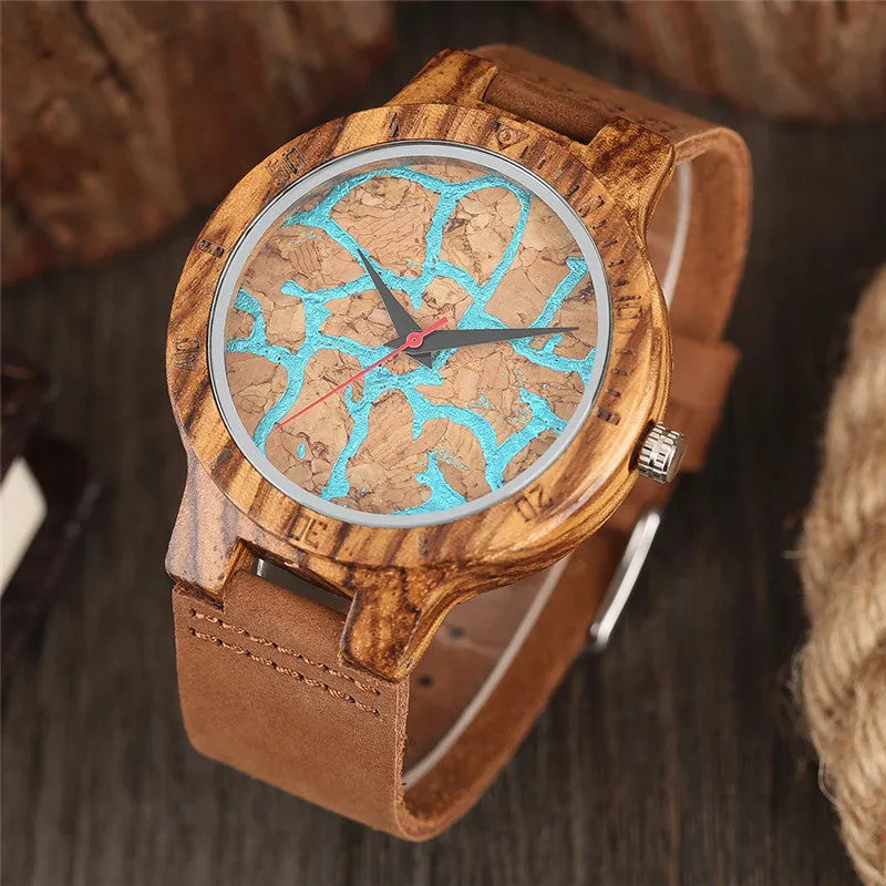 Wood watch with natural wood case, quartz movement, and genuine leather strap, featuring an Earth plate design on the dial.