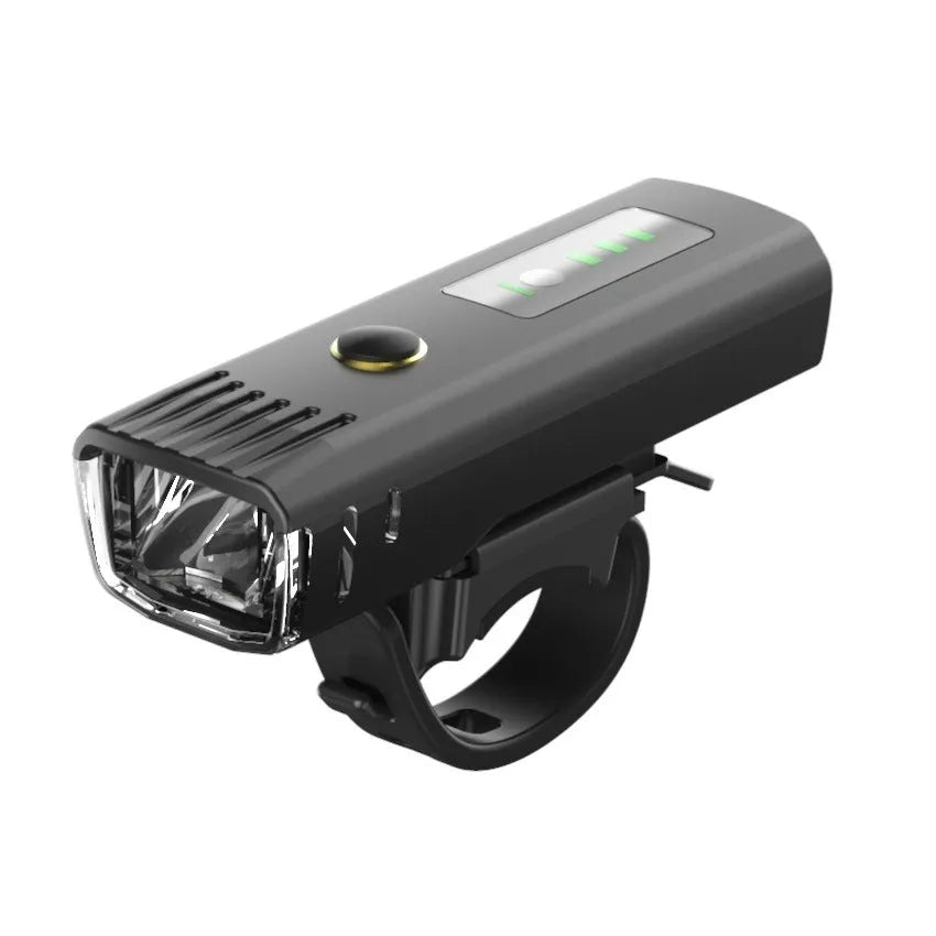 Black LED night bike lights set with front and rear lamps and USB charging cable
