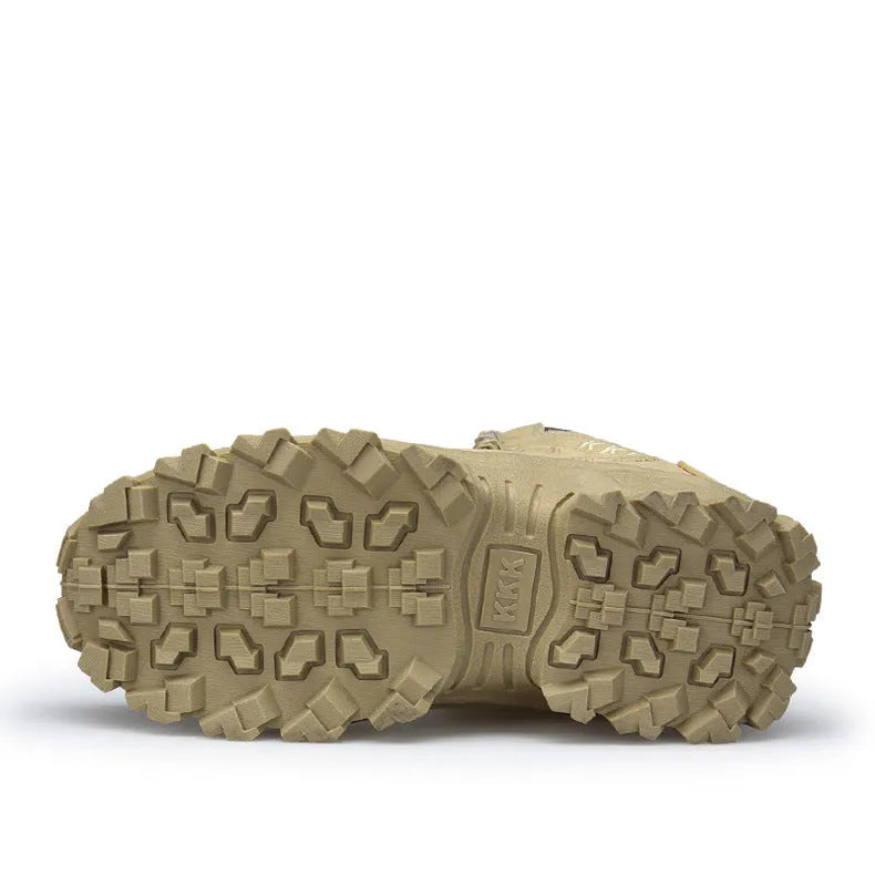 Men's black and sand US Army Delta Tactical Boots with a rubber sole on a rocky outdoor path.