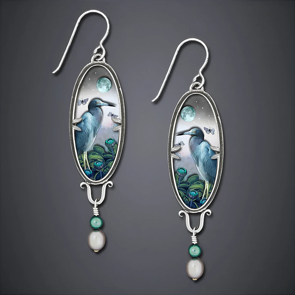 Silver-tone bird flower drop earrings with intricate palace retro detailing and electroplated metal construction