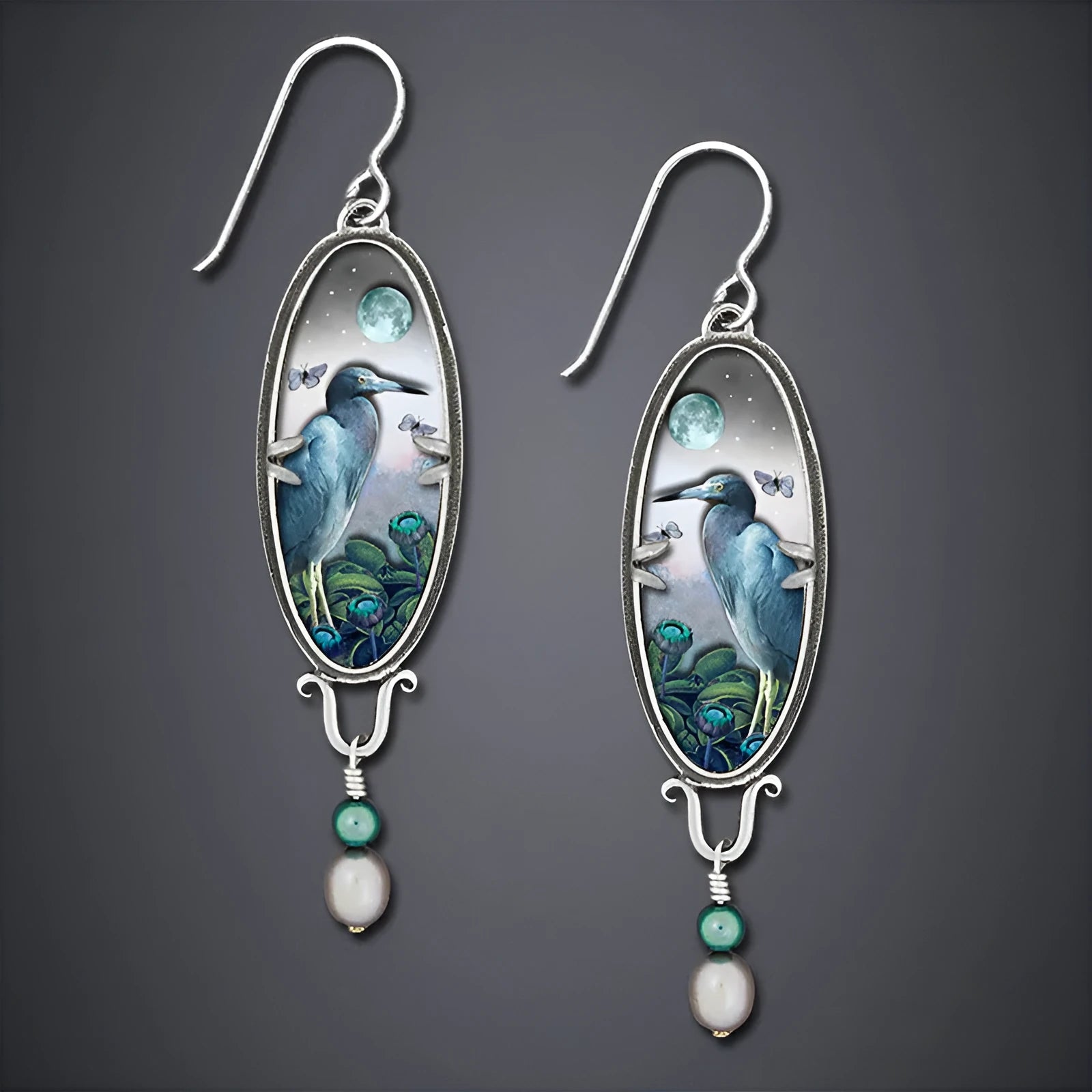 Silver-tone bird flower drop earrings with intricate palace retro detailing and electroplated metal construction