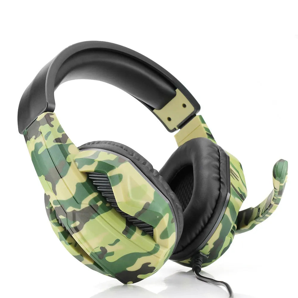 Army green camouflage wired over-ear gaming headset with a black microphone and 3.5mm plug.