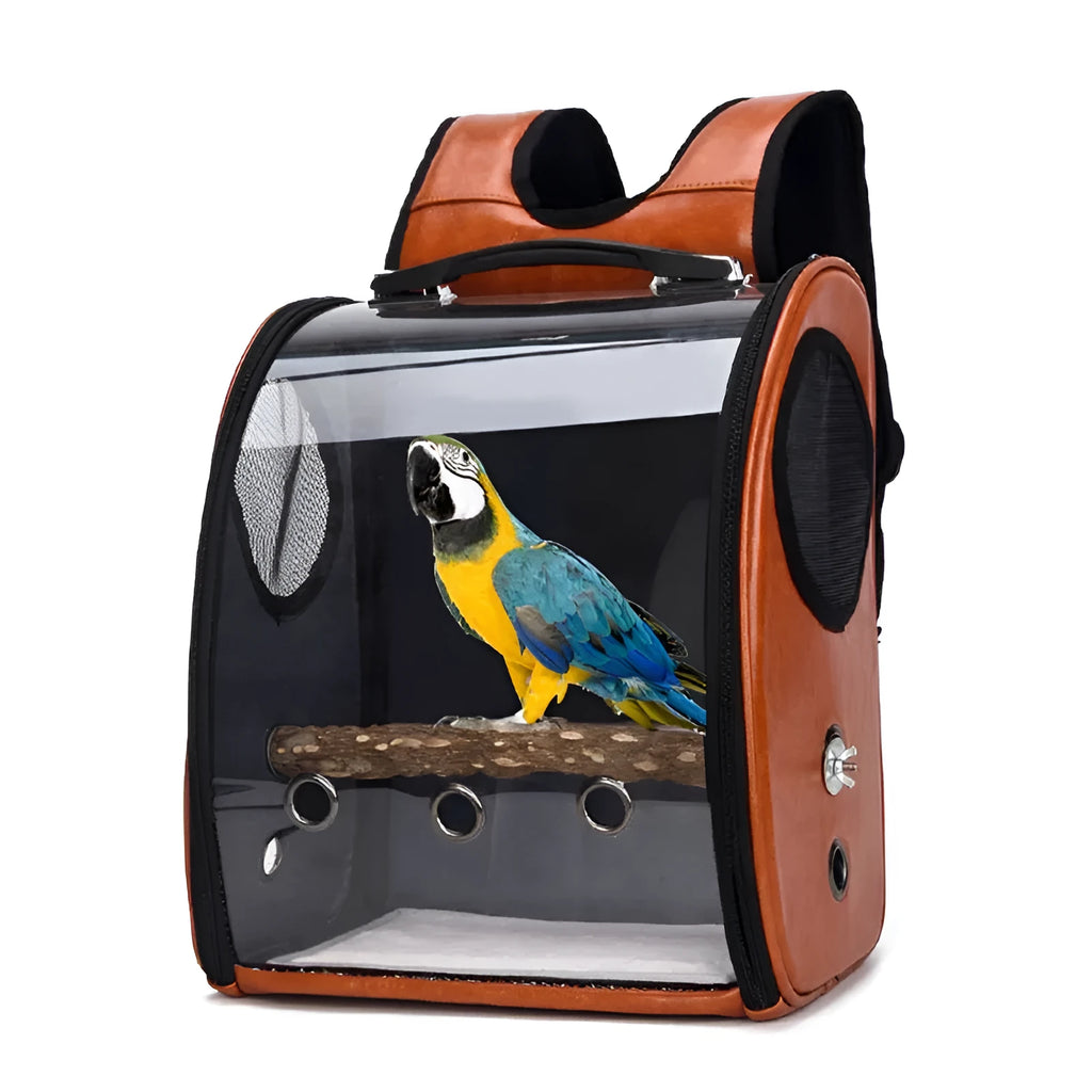Foldable porous breathable pet bag with geometric pattern for parrots, shown in blue, brown, pink, or red